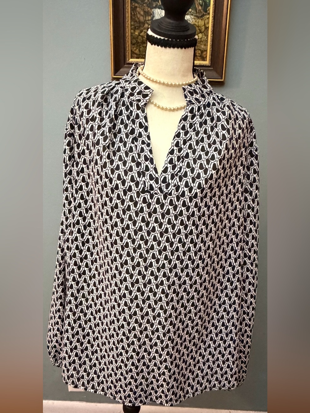 Shein Curve Black & White Geometric Pattern Blouse Career Day Wear 2XL